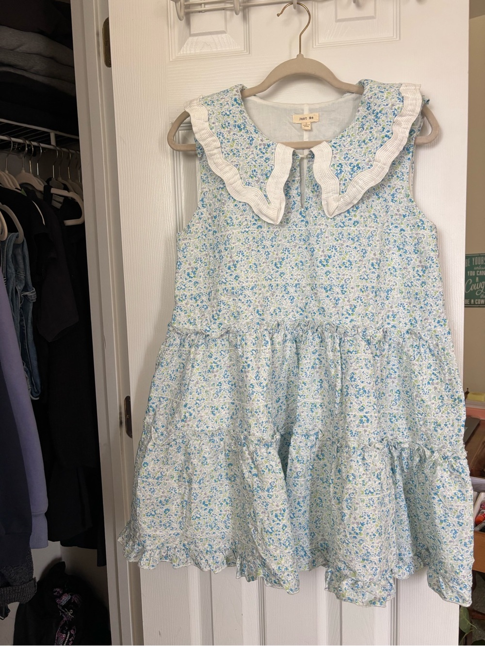 Blue Floral Tiered Dress with Ruffled Collar